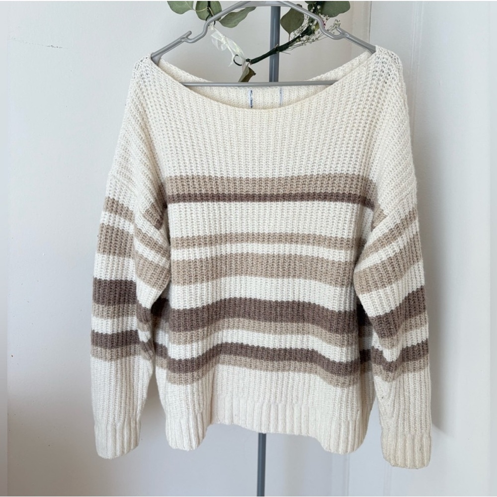 Old Navy Slouchy Cream Sweater Brown Stripes Boat Neck Cottage Preppy Sz Large
